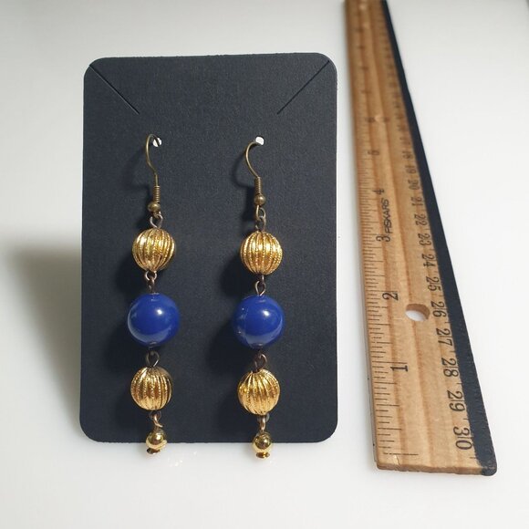 Handmade Gold Blue Beaded Dangle Earrings By Donovan Lightweight 3" Long Gift - Picture 3 of 4